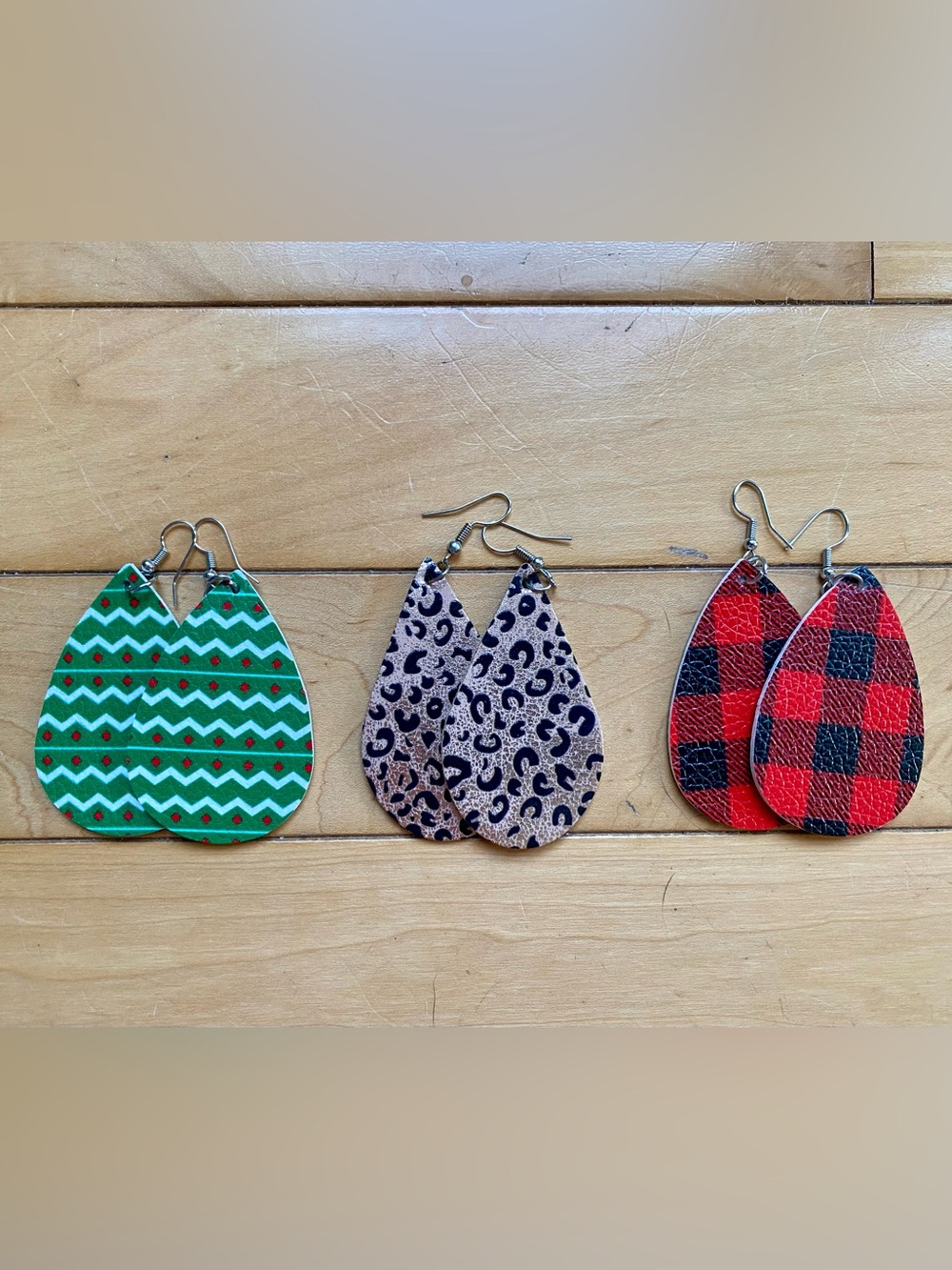 Amazon Holiday and Animal Print Teardrop Earring Trio - Green/Beige/Red